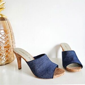 Anne Klein Denim Open-Toe Cork Heel Mules in Navy